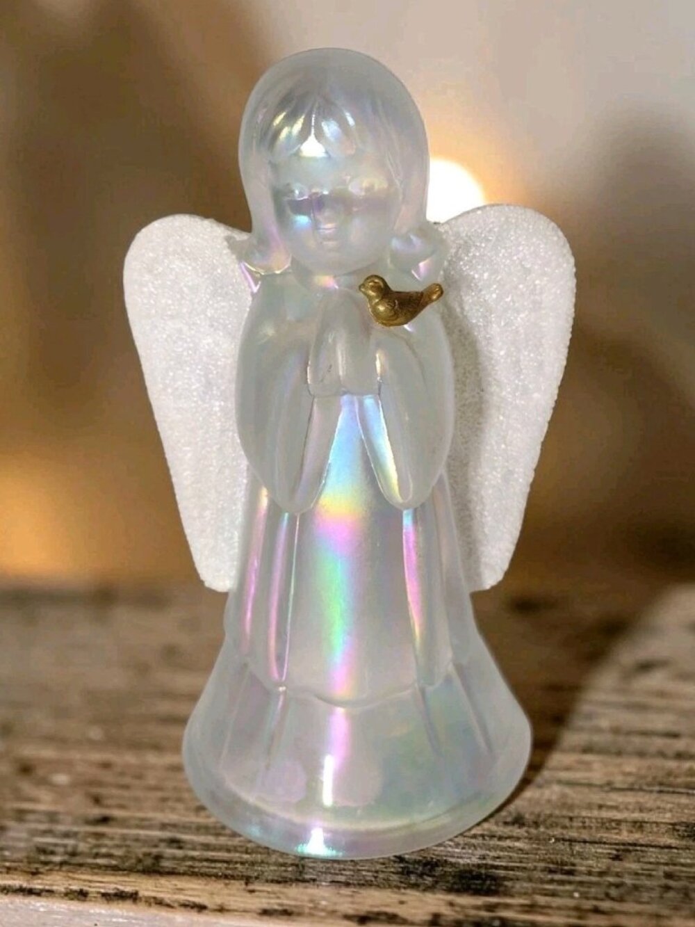 Vintage Fenton Clear Iridescent Praying Angel & Bird Figurine Sugared Wings 6"